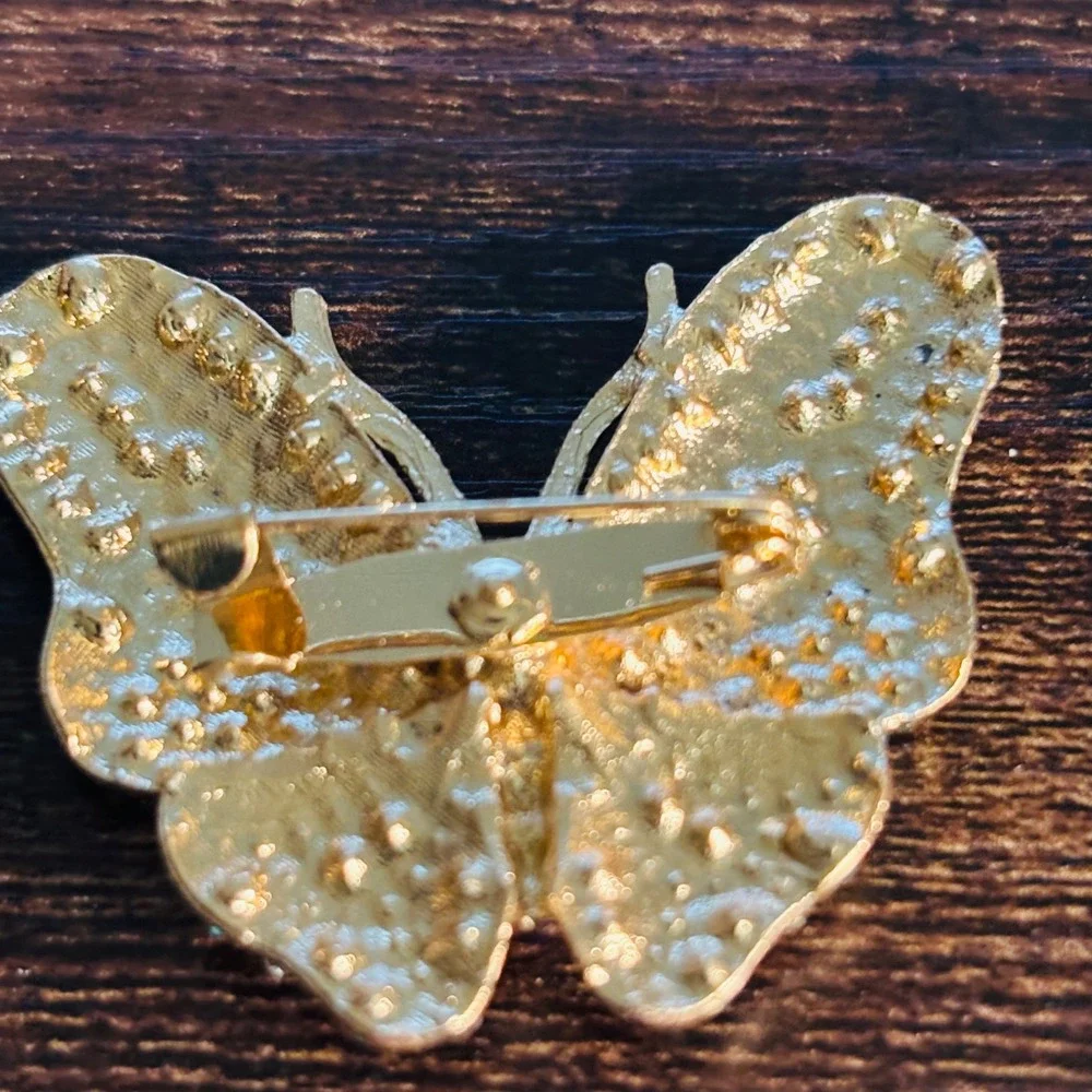 Gold Tone Blue Teal Rhinestone Butterfly Brooch Pin Statement Jewelry
